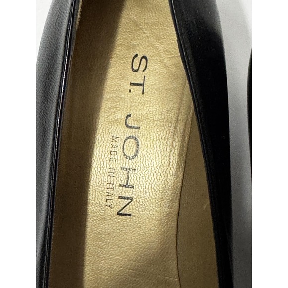 St John Shoes Womens Size 8 Black Leather Gold Accent Block‎ Heel Made In Italy - Picture 2 of 10
